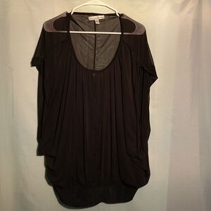 Sienna Studio Sheer Black Button-Down Blouse – Draped Tunic Top (Size:2XL)